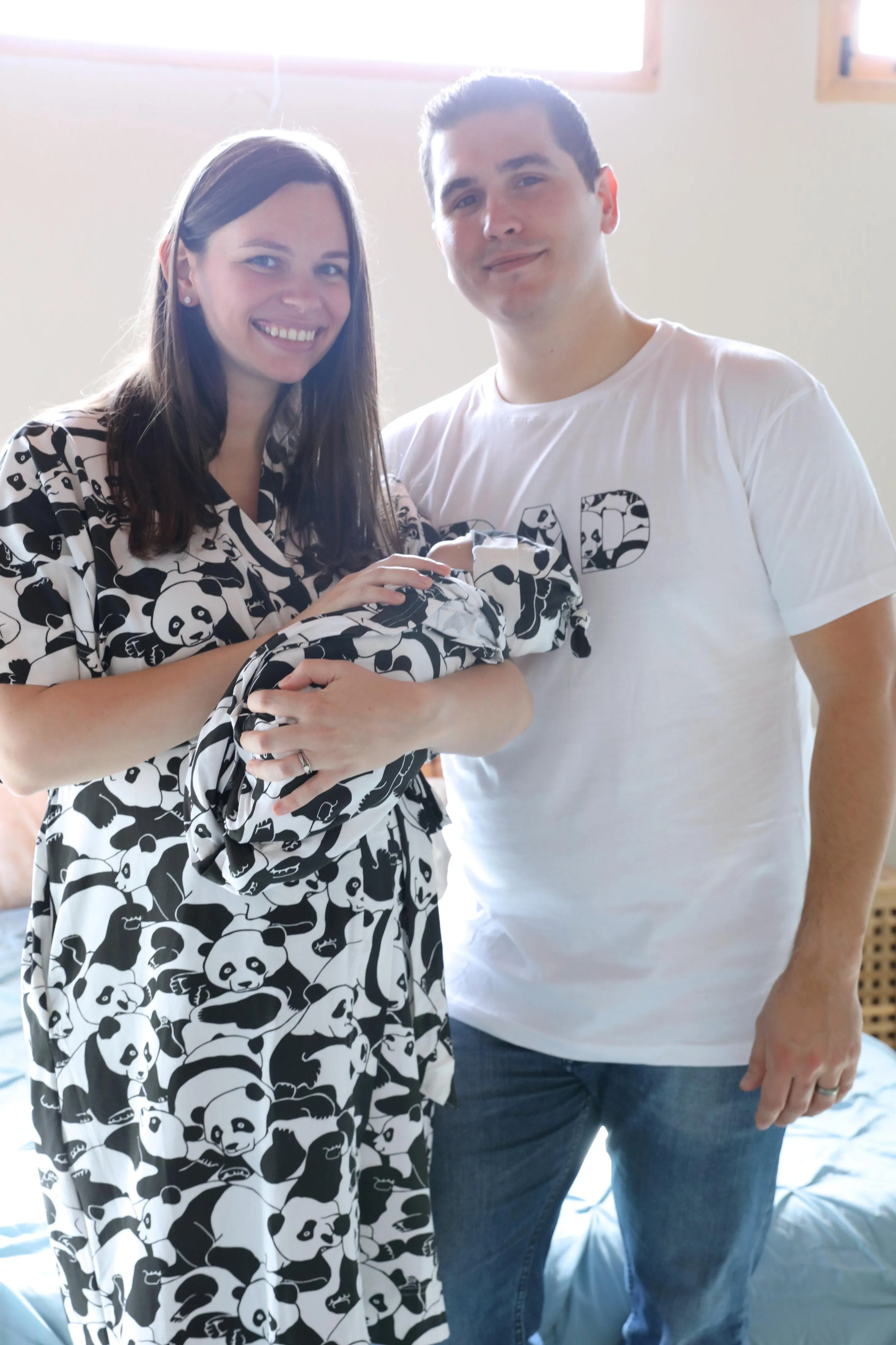 Panda Robe swaddle personalized hat with matching dad shirt