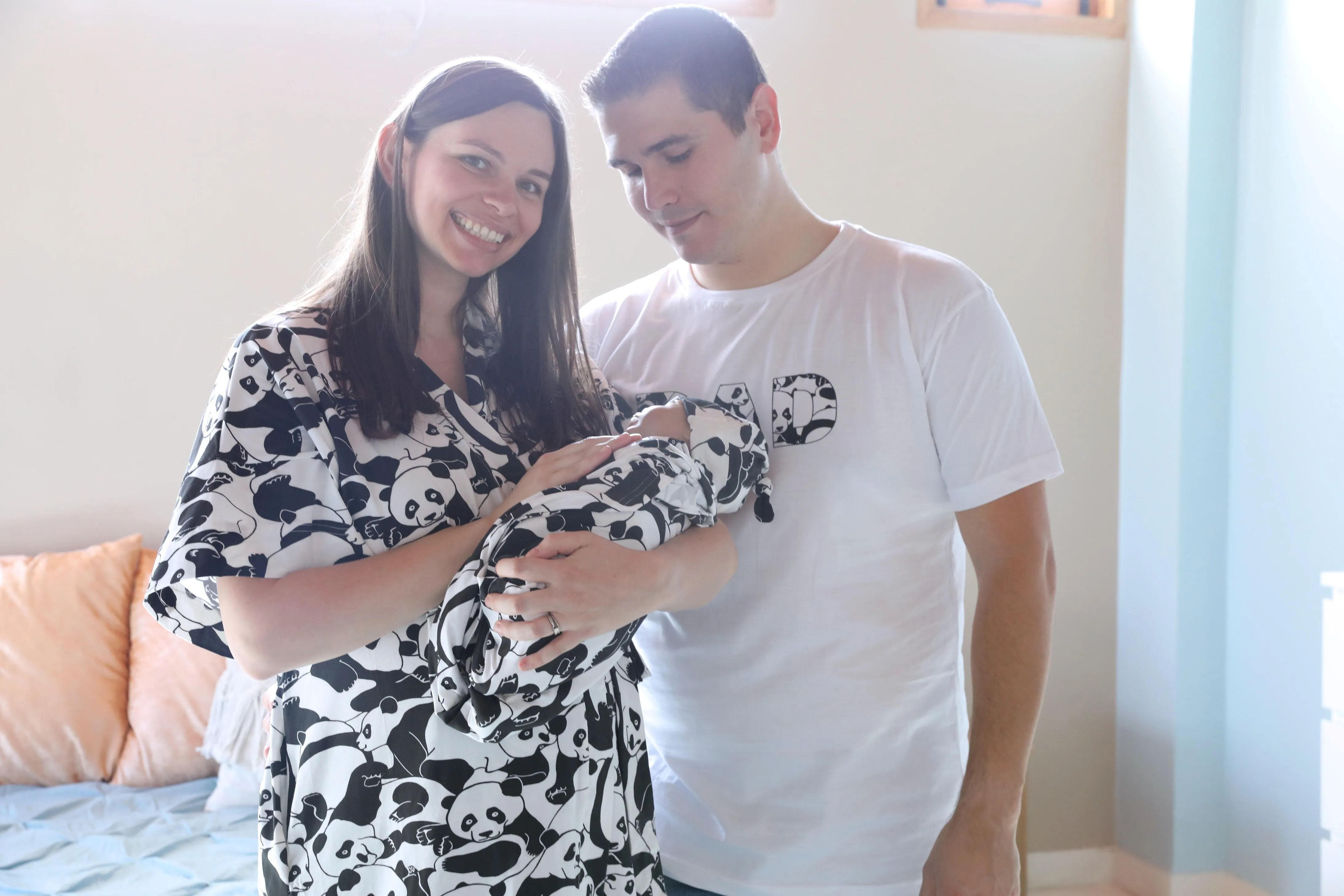 Panda Robe swaddle personalized hat with matching dad shirt