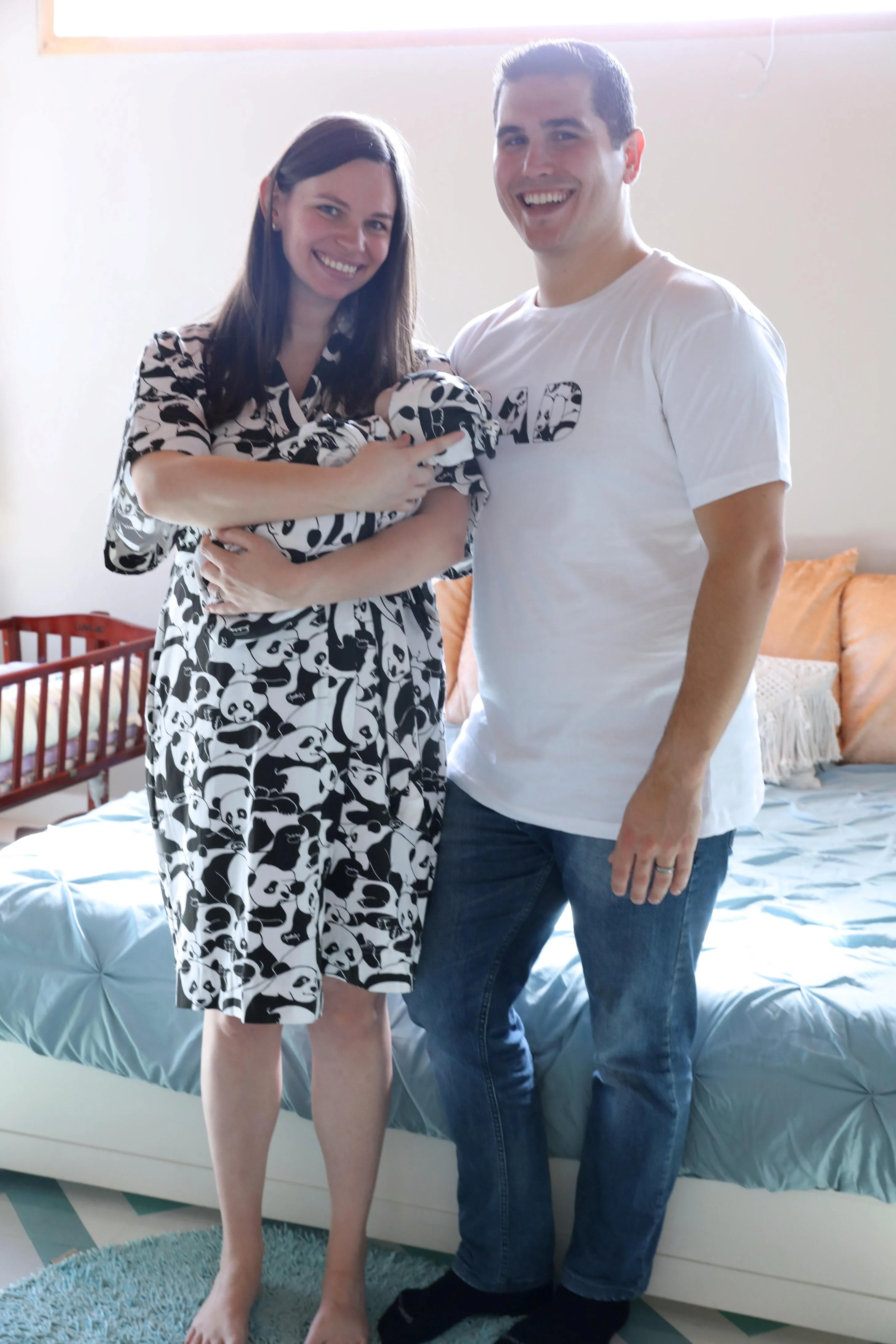Panda Robe swaddle personalized hat with matching dad shirt