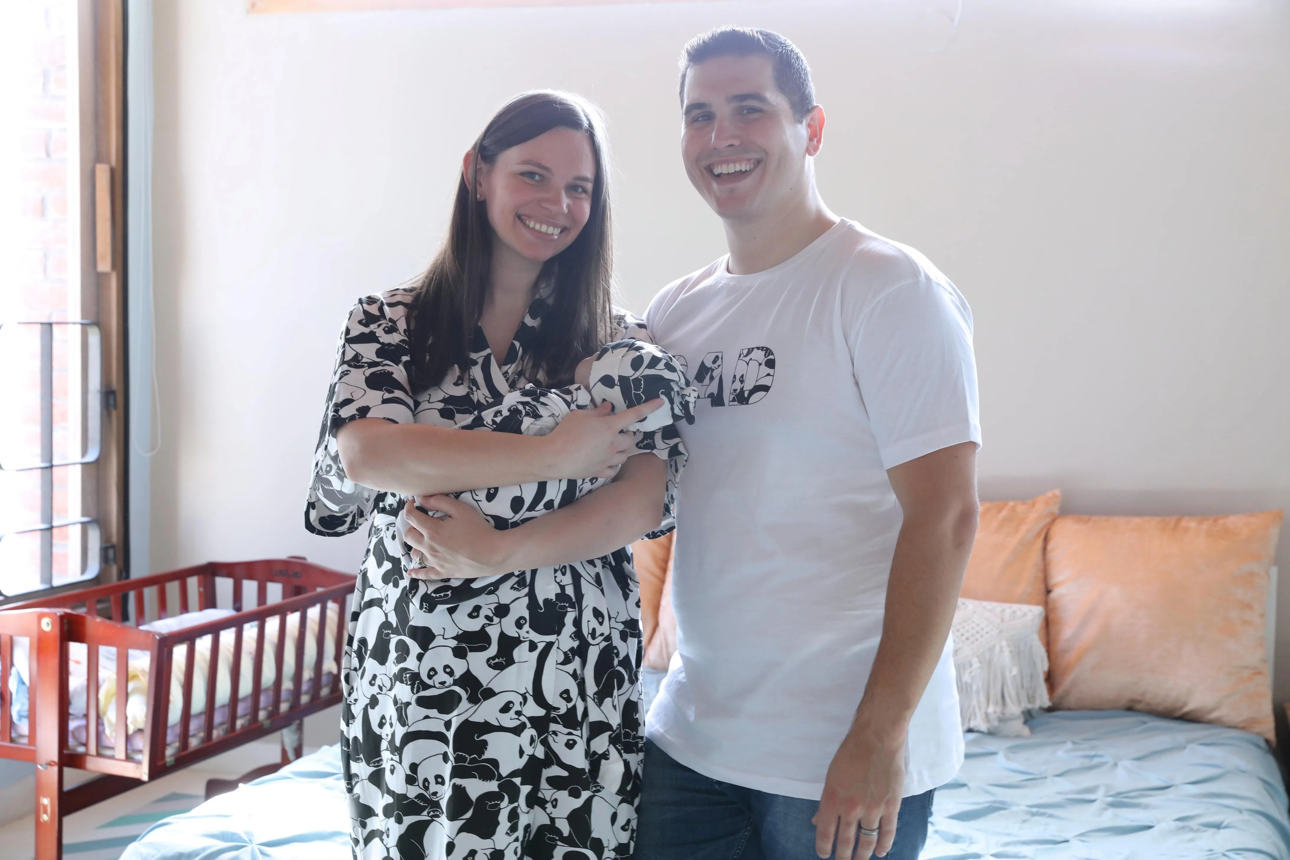 Panda Robe swaddle personalized hat with matching dad shirt