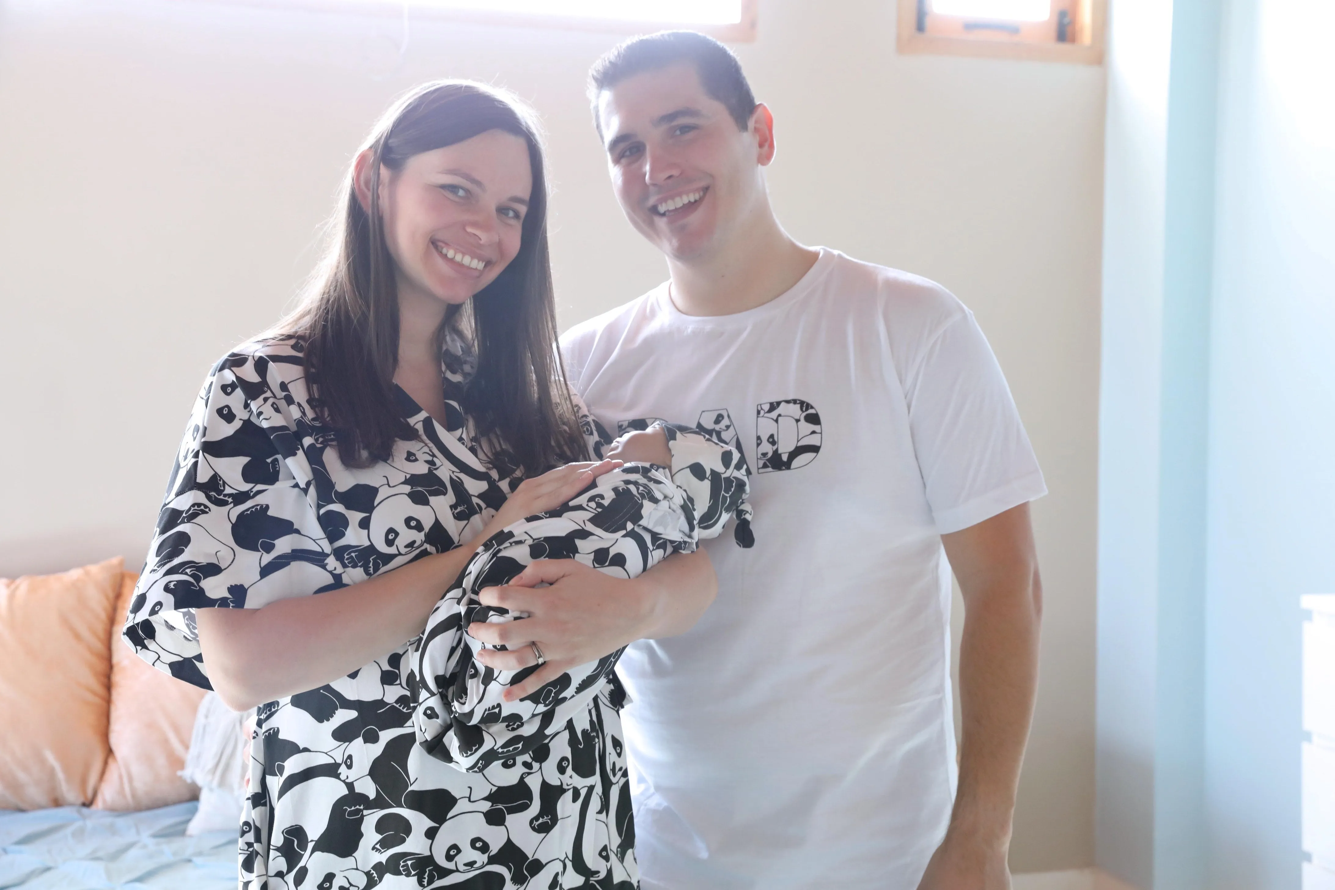 Panda Robe swaddle personalized hat with matching dad shirt